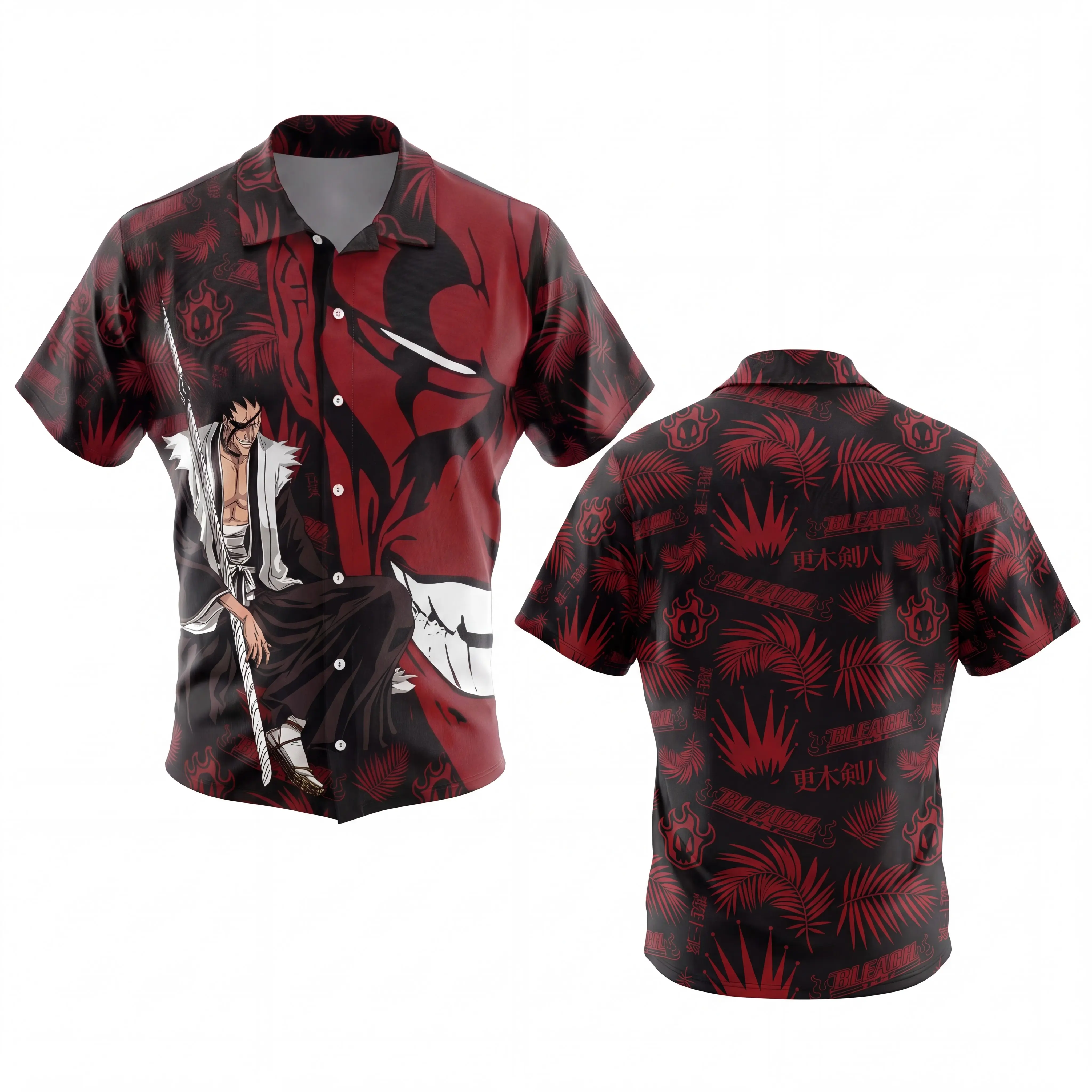 Bleach Kenpachi Zaraki Squad 11 Hawaiian Shirt Men's Red Black Button Down Short Sleeve Soul Reaper Anime Graphic Summer Beach Shirt Gamer Gift Captain Apparel