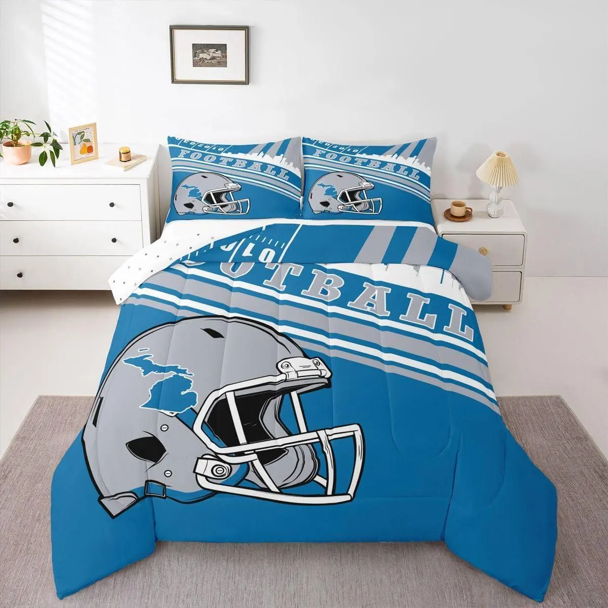 Comforter Set,Gridiron Theme Bedding,3D Sports Helmet Bedding Comforters & Set,for Kids Boys Football Seasonal Color Blue Stripes Duvet Insert