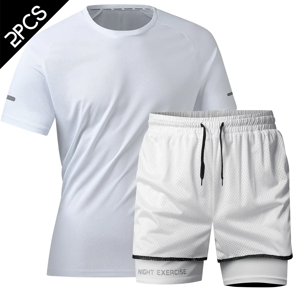 Men’s casual athletic short-sleeve set with a faux two-piece shorts design, perfect for summer gym workouts.
