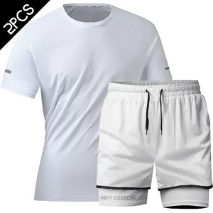 Men’s casual athletic short-sleeve set with a faux two-piece shorts design, perfect for summer gym workouts.
