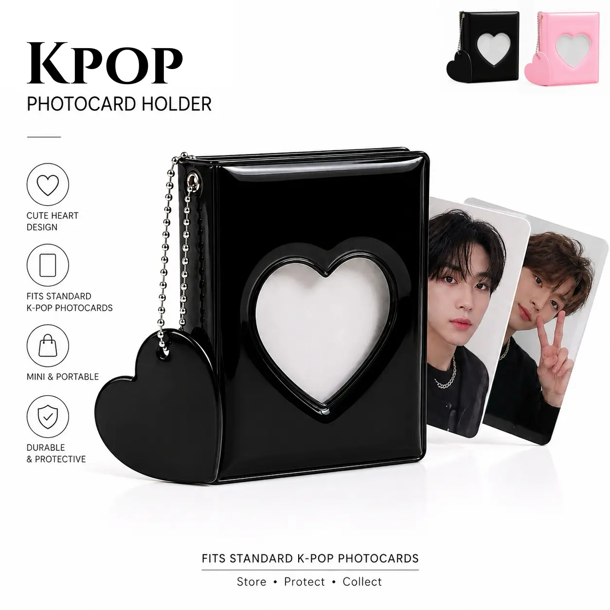 3 Inch Kpop Photocard Holder Book, 32-Pocket Mini Photo Album & Photocard Binder with Heart-Shaped Window and Pendant, Portable Glossy Collect Book for Idol Cards, Trading Cards Lomo Cards & Collectibles
