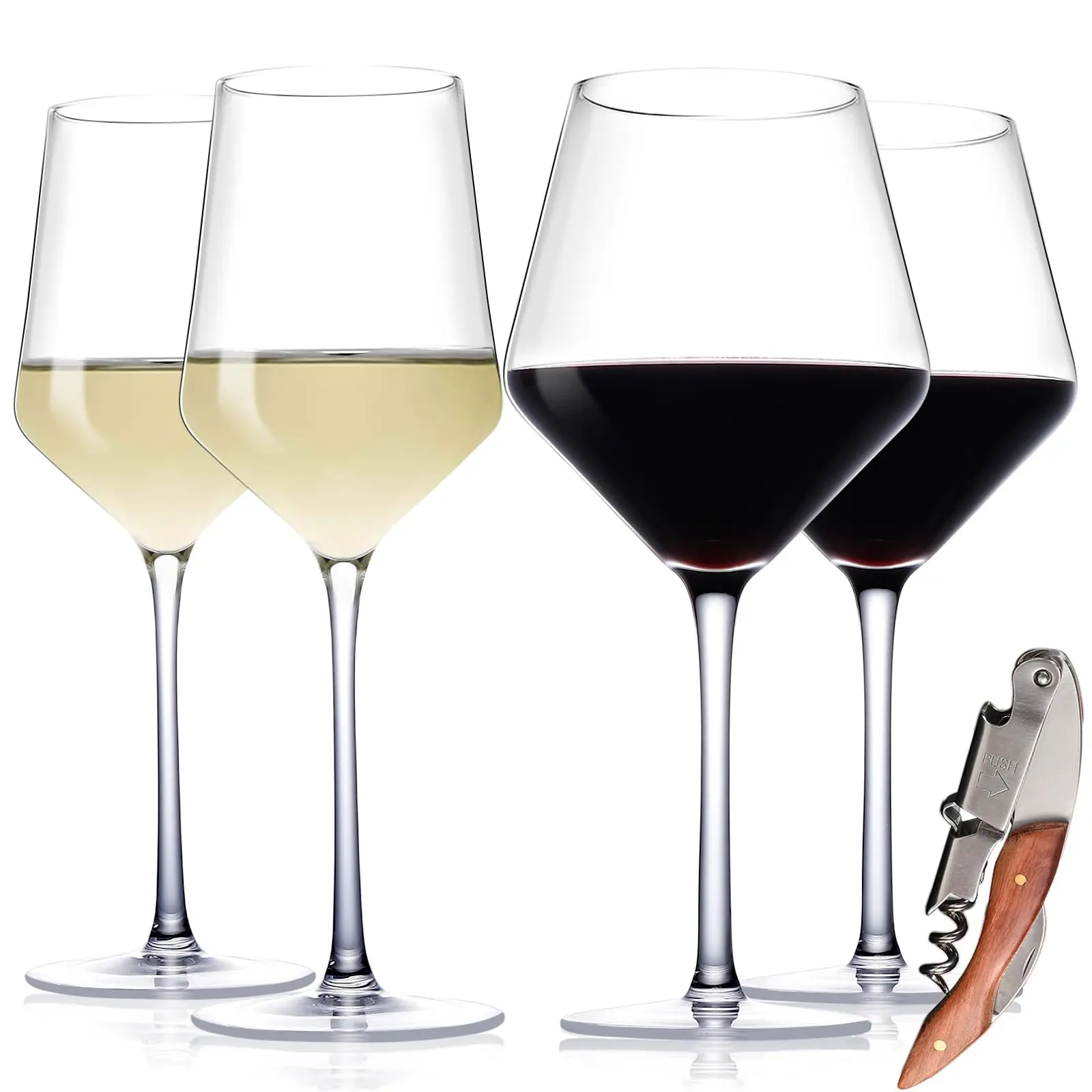 Physkoa Red and White Wine Glasses Set of 4 with Corkscrew, Hand Blown Crystal Glasses - Large Burgundy Glasses - Drinkware summerwins