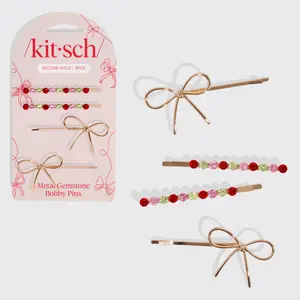 Metal Gemstone and Bow Bobby Pins 4pc Set - Red, Pink, & Green Metal Gemstone and Bow Bobby Pins 4pc Set - Red, Pink, & Green