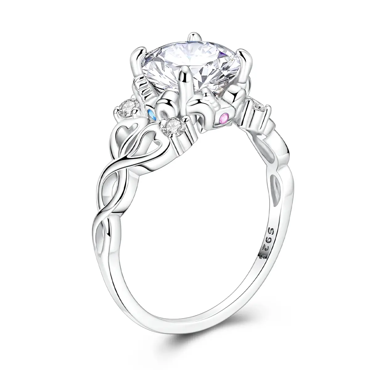 MULA Women's Platinum-Plated Twist-Design Cubic Zirconia Ring - Vintage Colorful Carousel Heart Motif, Colored Gemstone, Hollowed, Pastel Glittery Costume Jewelry for Birthday, Anniversary Gifts, Colored Gemstone Rings