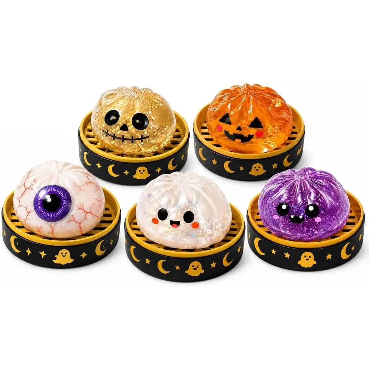 5pcs Halloween Pumpkin Silicone Gel Stress Balls - Slow Rise Glitter Dumpling Soft Squishies, Spooky Decor, Adult Anxiety Relief Fidget Toys