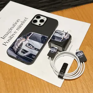 5-Piece Set Liquid Car Theme Phone Case Pattern, Charger Head Cover, Cable Protector, Storage Rope, Data Line Protection for iPhone