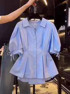 Elegant Slim-Fitting Ruched Pleated Short Sleeve Women's Blouse, Fashionable Plain Shirt Top, Perfect for Casual and Formal Wear