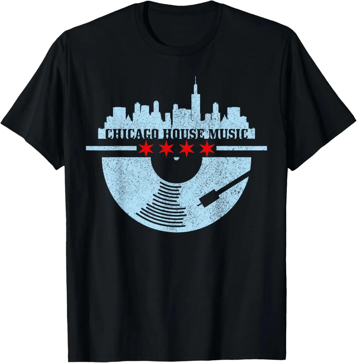 Chicago House Music DJ Raver Vinyl Skyline Retro Vintage T-Shirt Pure Cotton Graphic Tees Menswear Top: Gifts for Men & Women
