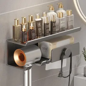 Wall Mounted Hair Dryer Holder, Punch Free Hair Dryer Storage Rack with Hook, Bathroom Storage Rack, Bathroom Organizer, Home Organizer, Bathroom Organizer Supplies, Bathroom Accessories