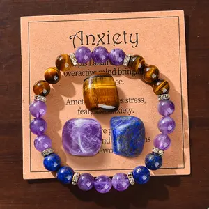 4Pcs 8 mm Amethyst Tiger Eye Stretch Bracelet 7 inches to eliminate worry bracelet Lapis Azurite Amethyst Energy Handmade bracelet for loved ones the best gift blue bracelet