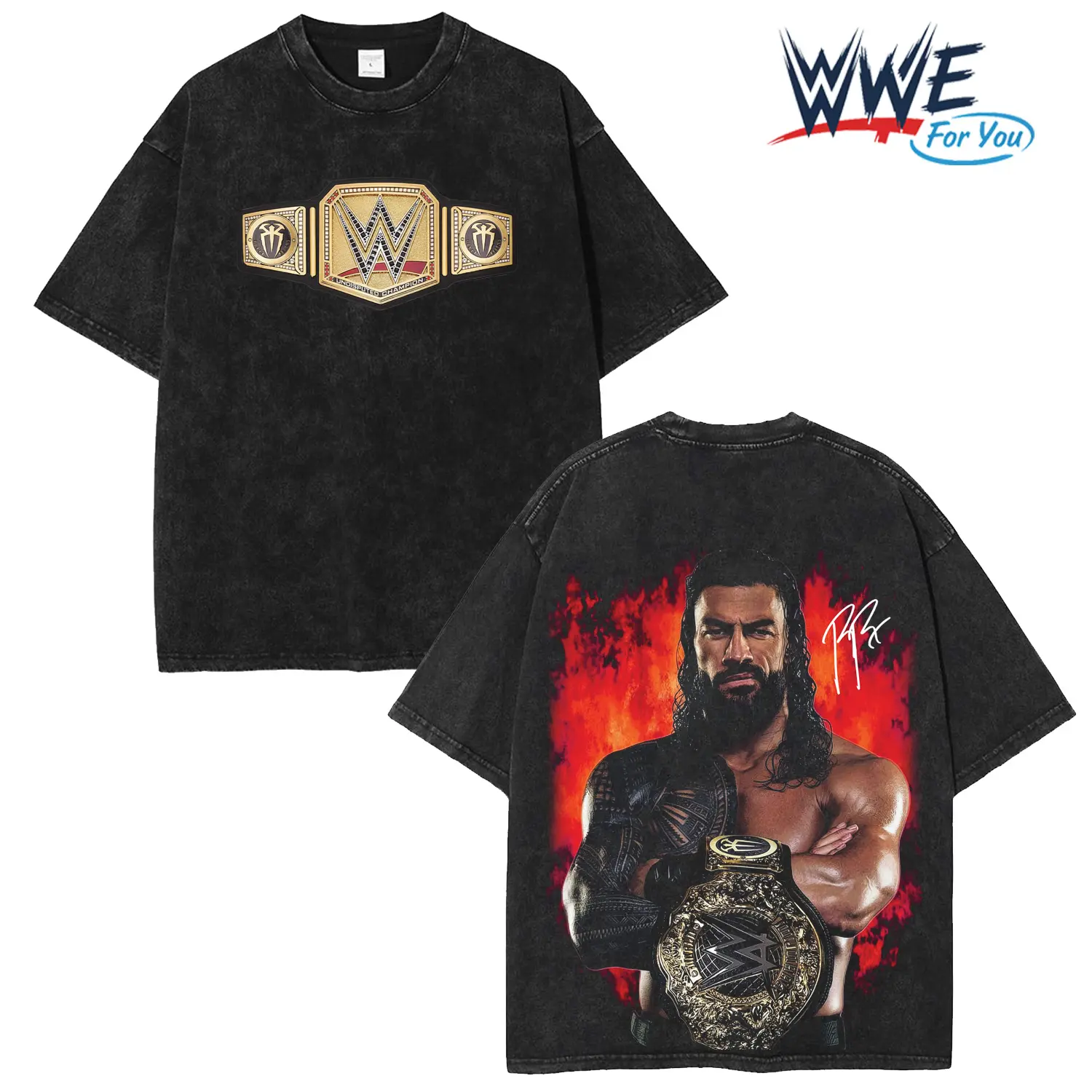 WFY Roman Reigns Champion WWE , Cotton Oversized Unisex , Acid Wash T-Shirt , Wash Hoodie , Wash SweatShirt – Wrestling Inspired Graphic Tee, Premium Graphic T-Shirts,  Seamless Top Fabric Menswear Shirts Men Streetwear Crewneck