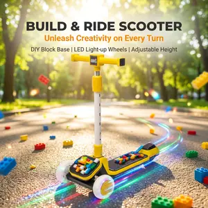 Kids Scooter 3 Wheels for 3-9 Years Height Adjustable Foldable with DIY Bricks LED Flashing Wheels Heavy Duty Outdoor Toy Gift Light up