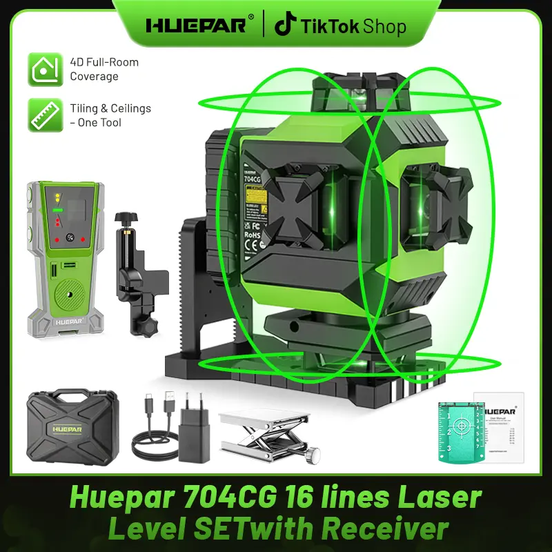 Huepar 704CG Self-Leveling 4D Green Beam Hands-Free Laser Level, 16 Lines, 2x360° Rotation, Magnetic Mount, LR-8RG Receiver, Rechargeable Li-Ion Battery for Floor Leveling, Tiling, Hands-Free Laser Levels