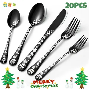 Christmas Themed Cutlery Set, 20pcs/set Including Spoon, Fork and Knife, Stainless Steel Tableware Set, Ideal Gift for Holiday