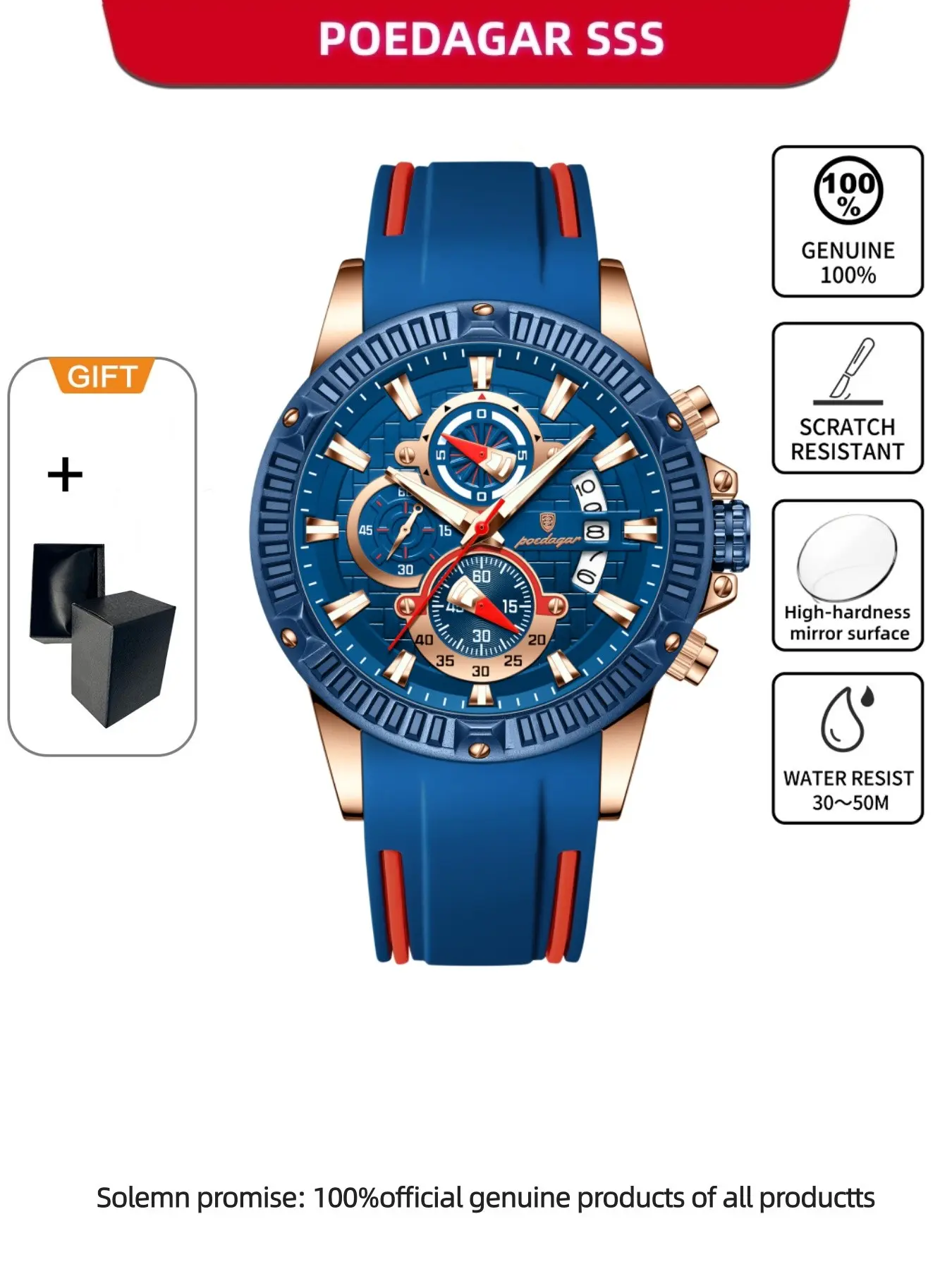 Poedagar Fashion Sports Men's Quartz Wristwatch, Modern Trendy Multifunctional Watch, Luminous Pointer Watch, Waterproof Luminous Timer, Date Display, Silicone Strap, Quartz Movement, Ideal Gift