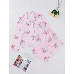 Women’s Santa Claus print casual pajama set with pocket details, collar, long sleeves, and matching pants, perfect for Christmas-themed home or outdoor wear