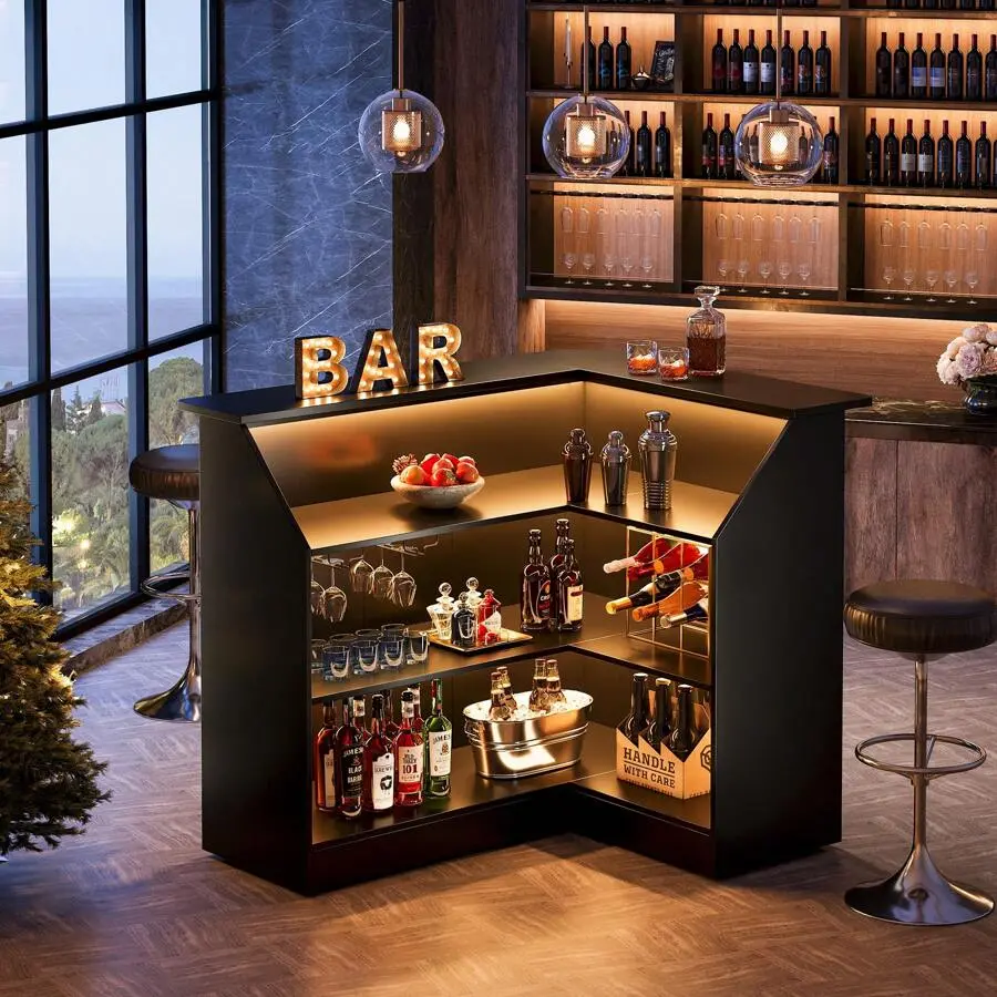 Bar Cabinet, L-Shaped Home Bar Table With Stemware Racks, 4-Tier Corner Bar Unit Liquor Wine Bar Table Reception Desk For Home Pub, Black