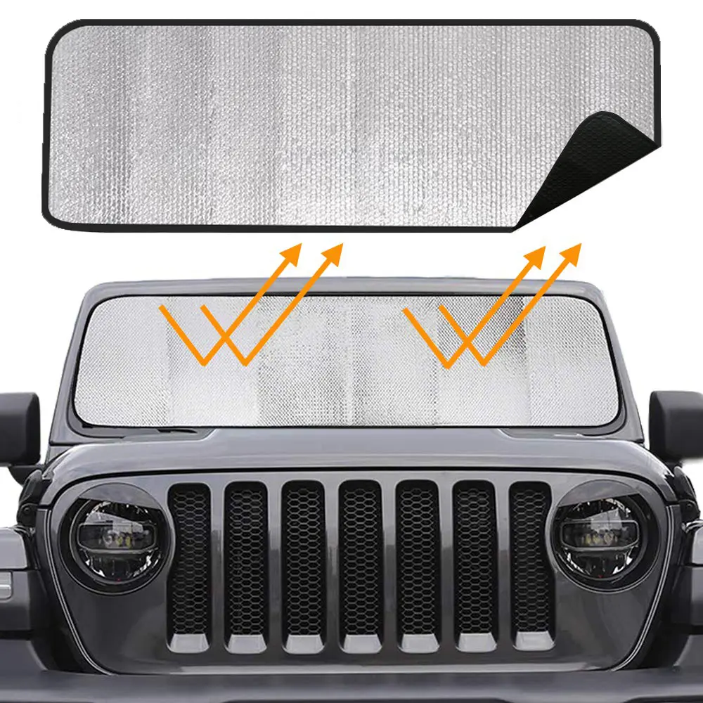 Double Bubble Car Sun Shade Front Window for Jeep Wrangler JL/JLU/Gladiator 2018-2024, Foldable Reflective Aluminum Foil, 99% UV Rays Block, Folds Easily, Compact Storage, Suction Mount, All-Season Automotive Accessory