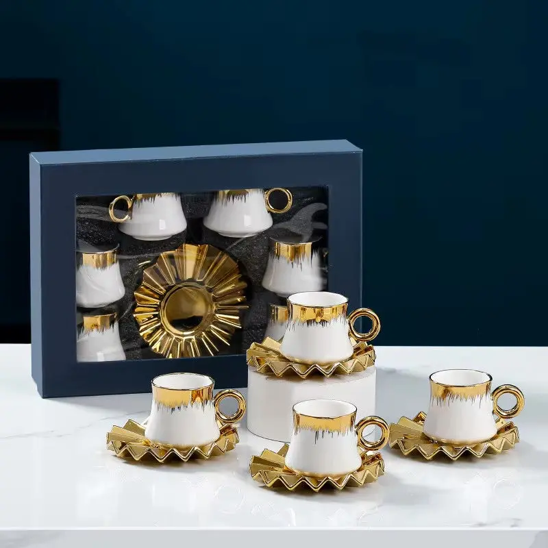 Turkish Coffee Cup Set of 6 with Saucers & Tray - Luxury Arabic Ceramic Tea Cups for Espresso White & Gold 90 ml Stylish Drinkware modern vintage coffee mug
