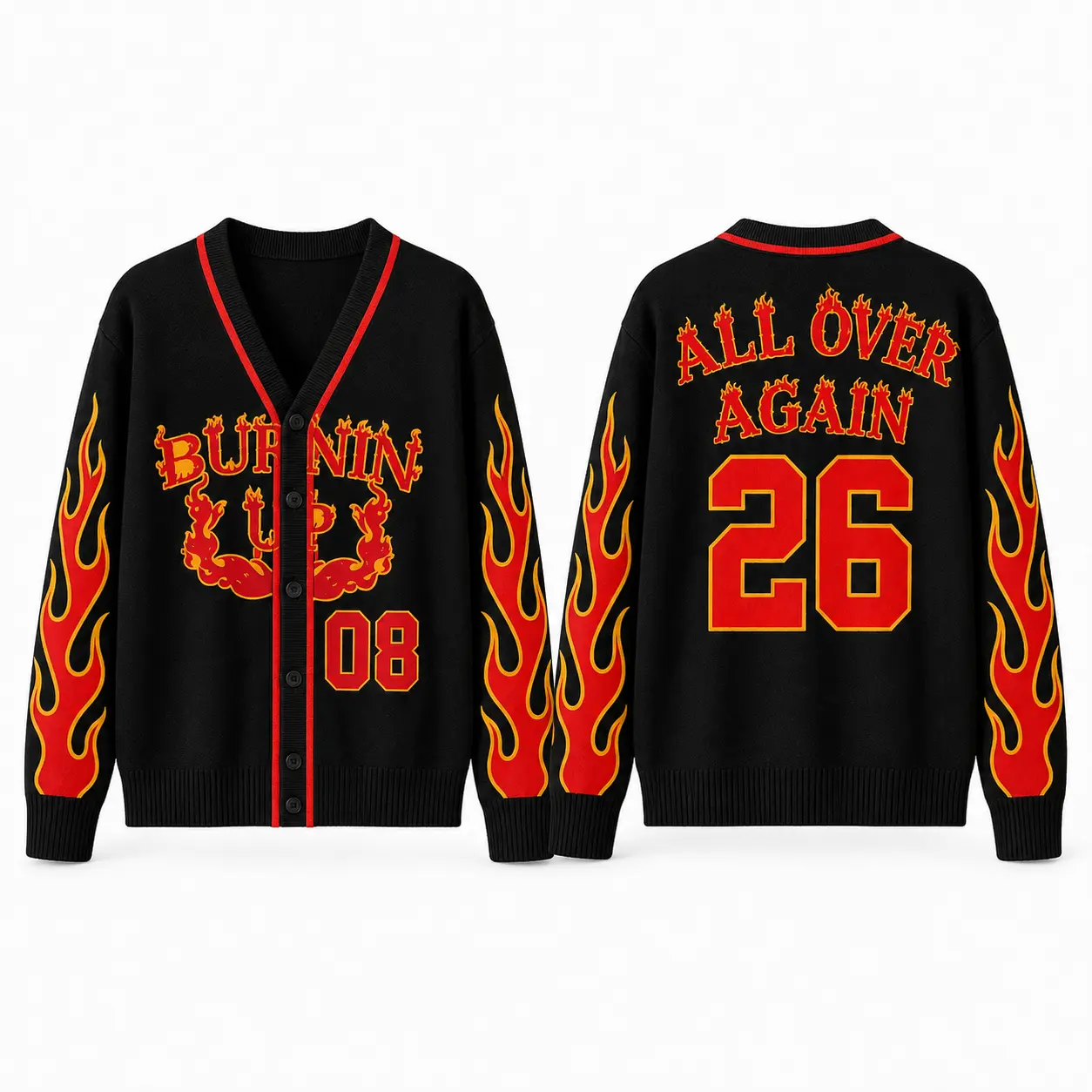 Burnin Up Flame Cardigan, All Over Again 2026 Black Button-Down Sweater, Long Sleeve Concert Outfit, Music Fan Streetwear Gift