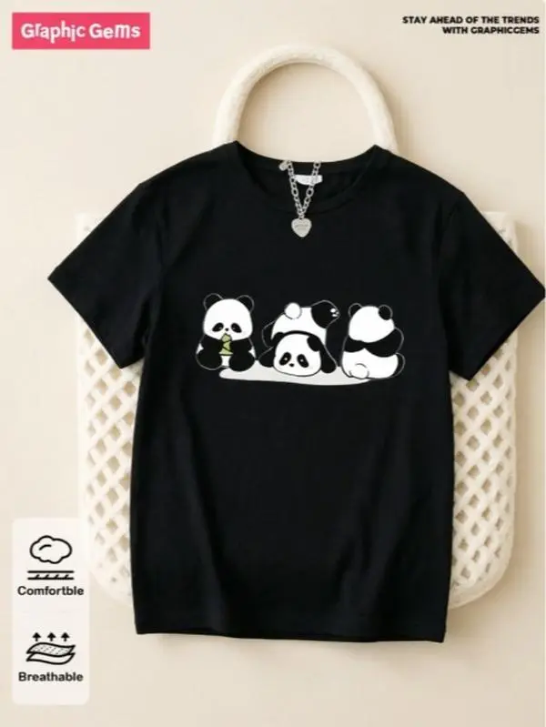 Cute Healing Vibe Three Playful Rolling Panda Graphic 100% Cotton Summer Unisex Tee for Lazy Home Relax & Leisure Park Stroll Black T-shirt