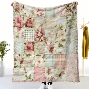 Pastel Pink Green White Gingham Quilt - Soft Cozy Flannel Blanket Suitable All-Season Bed Sofa Car Camping, Washable Bedspread, Contemporary Bed, 2D Flat, Birthday Mother's Day Size 70x140cm/27.56x55.12 In
