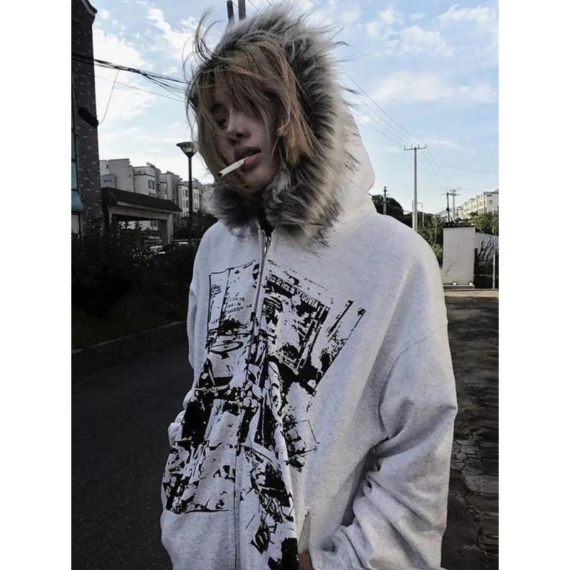 Harajuku Fur Patchwork Hooded Hoodies Men and Women Y2k Aesthetic Loose Pocket Streetwear Hoody Grunge Zipper Casual Sweatshirts