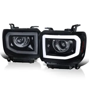 2014-2019 GMC Sierra 1500/2500/3500 LED Bar Projector Headlights w/ LED Turn Signals Lights (Glossy Black Housing/Smoked Lens)