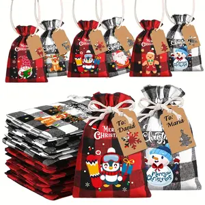 12/18 Pieces Christmas Burlap Gift Bags, Christmas Plaid Pattern Drawstring Burlap Candy Gift Bags, Christmas Supplies with Tags