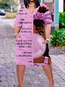 Plus Size Casual Loose Fit Dress, Women's Cartoon & Letter Print V-Neck Short Sleeve Dress, Elastic Waist with Pockets, All Seasons
