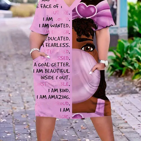 Plus Size Women's Casual Mini Dress Loose Fit Cartoon & Letter Print V-Neck Short Sleeve Elastic Pockets for All Seasons