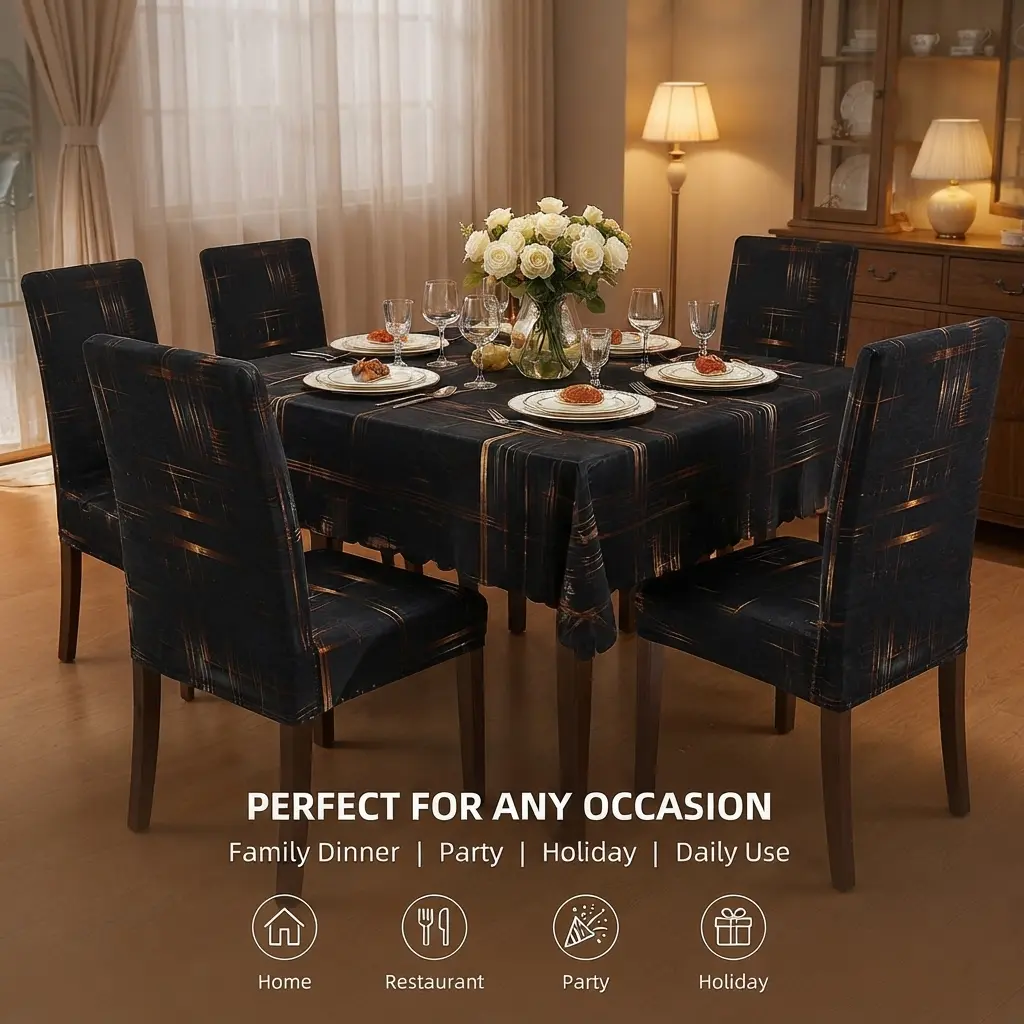 7 Piece Tablecloth and Chair Cover Set, Dining Table Cover with Matching Chair Slipcovers, Decorative Dining Room and Kitchen Table Decor for Family Meals, Parties and Holiday Gatherings