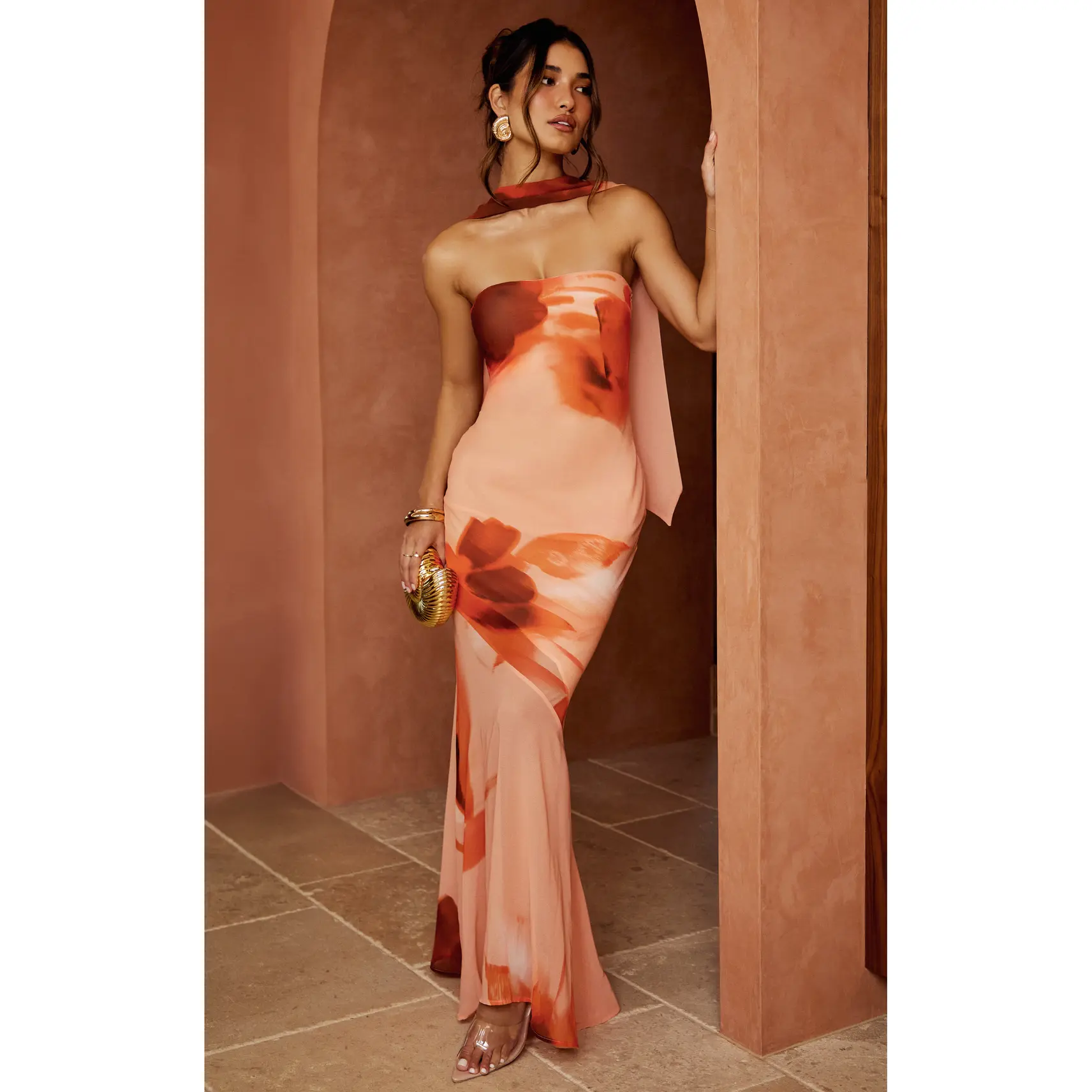 open lace back dress Unique Orange Jewel Sleeveless Asymmetrical Appliques Column Prom Dresses main image 1