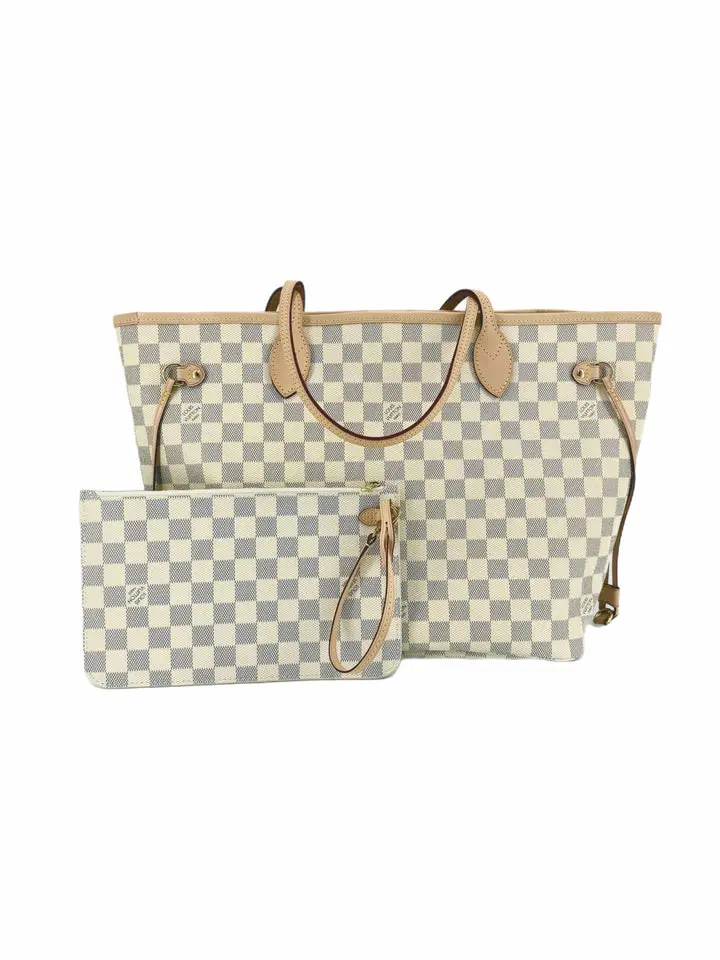 Pre-owned Louis Vuitton Coated Canvas, leather Shoulder Bags Neverfull Damier Azur MM Shoulder Bag w/Pouch