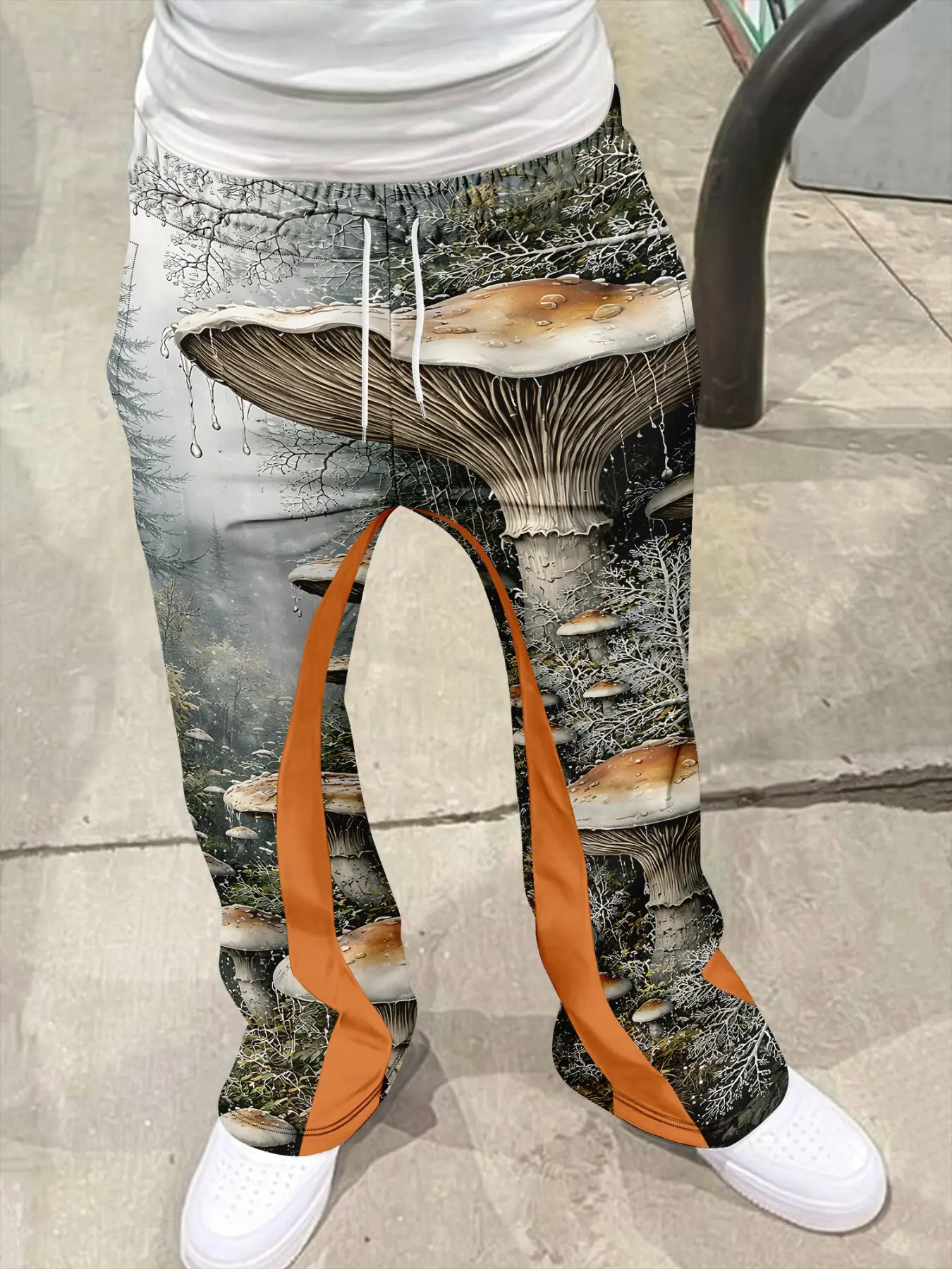 Men's Flared Trousers, American High Street Style, Mushroom Print, Drawstring Waist, Casual Long Pants, All Seasons