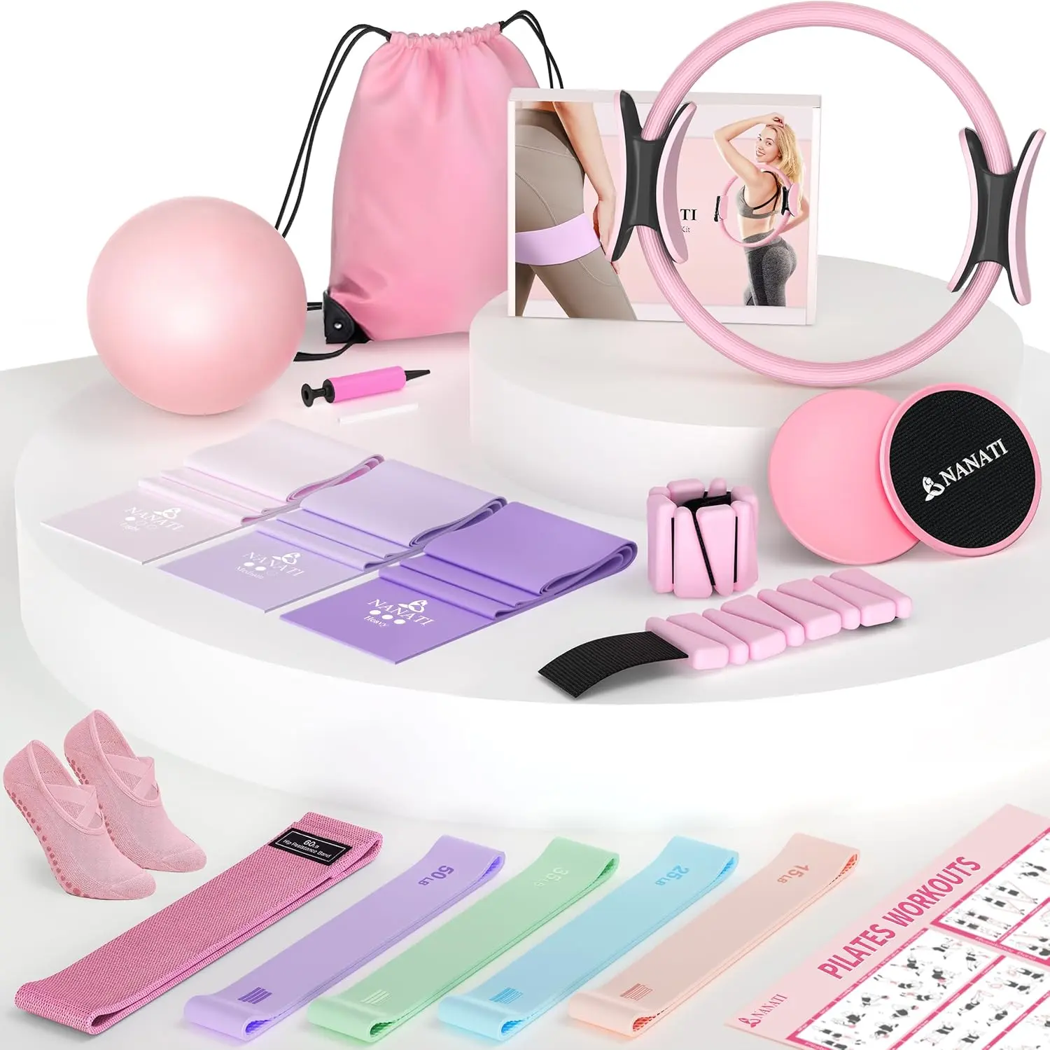 NANATI Pilates Kit, Home Pilates Workout Kit for Women, Pilates Equipment with 14.5" Pilates Ring and Ball, Resistance Bands, Ankle Weights, Sliders & Grip Socks Accessories for Starter Home Workouts