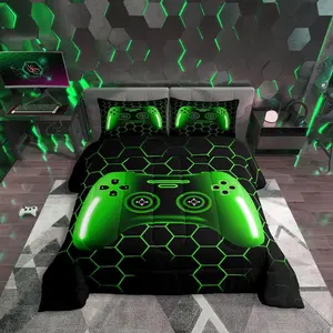 Gamer Comforter Set,Bedding Set,Video Game Bedding Comforter Sets,Black and Green Ombre Gamepad Gaming Bed Sets(Green)