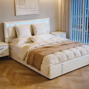 Full/Queen Size Faux Leather Upholstered Lift-Up Storage Bed Frame, Adjustable LED Lights Headboard, USB-C Charging Ports, Hydraulic Support, Metal Slats Support, White/Black, Bed Frames