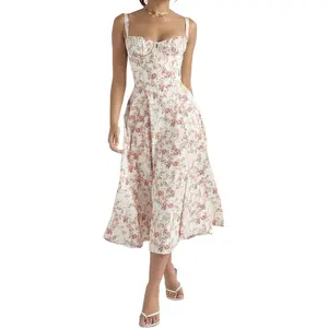 Chouyatou Women's Summer Spaghetti Strap Midi Dress Sleeveless Backless High Slit Dress Elegant Fitted A-Line Dress Gown