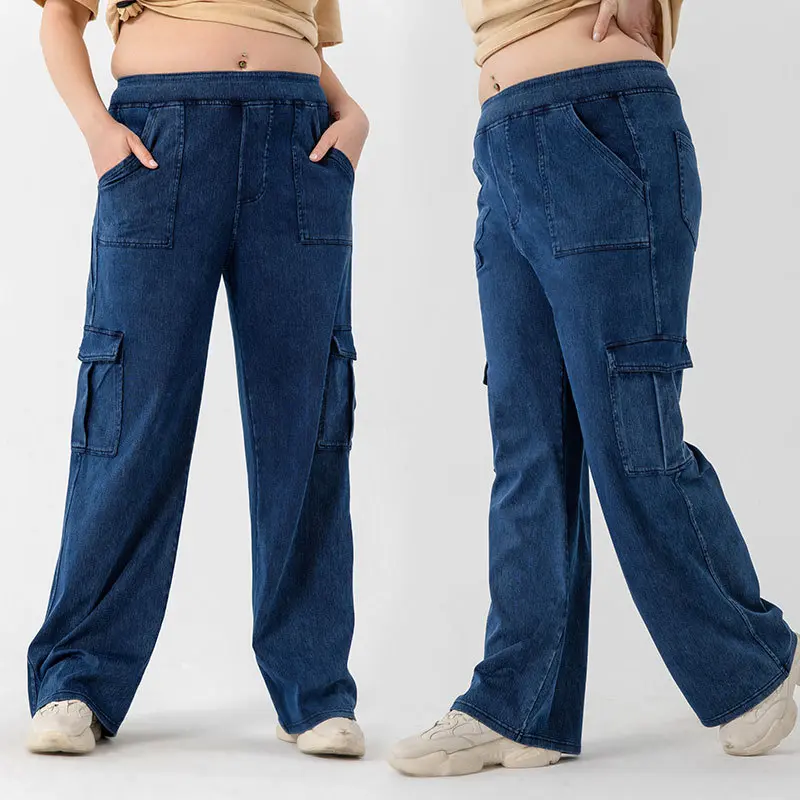 2025 Extended Plus Size Denim Wide-Leg Cargo Pants for Women High Waist Stretch Double Pocket Sports Casual Trousers