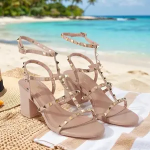【16 MADDISON】Women's Gold Studded Ankle Strap Square Toe Chunky Heel Sandals, Open Toe High Heels, Women's Sandals, Suitable for Summer Parties, Weddings, Clubs, Dates, Festivals and Other Occasions. Decor Dance  Elegant