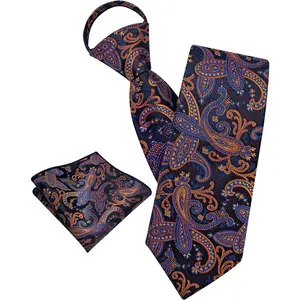 Zipper Ties for Men Striped Pre-tied Clip on Tie Woven Silk Adjustable Necktie Pocket Square Business Wedding Formal