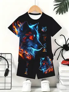 Ice Fire Wolf Kids Set Summer Dominant Animal Print, Breathable Loose Short Sleeve Shorts, Boys Sports Two-Piece, Cool Casual Clothing