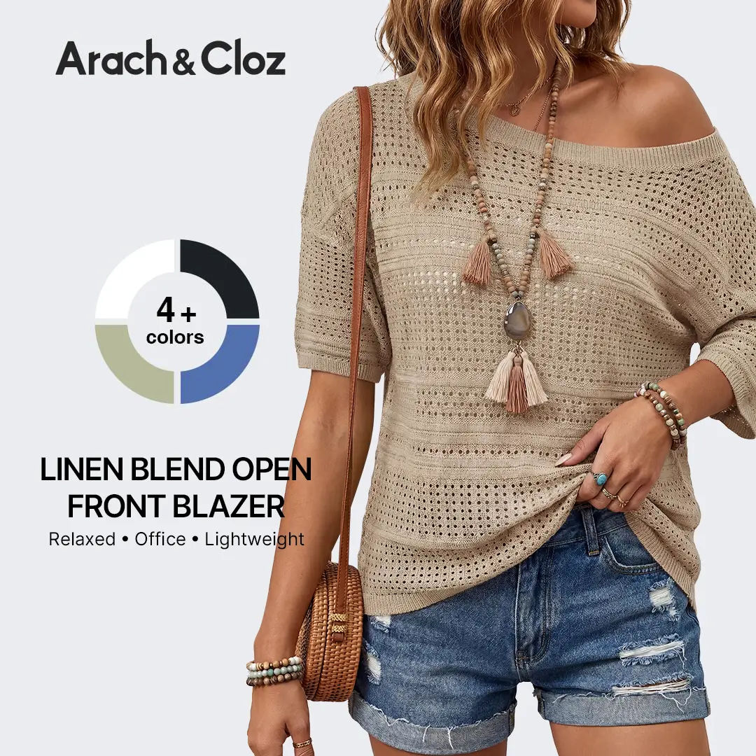 Arach&Cloz Womens Summer Linen Blend Crochet Tops Relaxed Fit Short Sleeve Sweater Boho Shirts Vacation Casual Trendy 2026