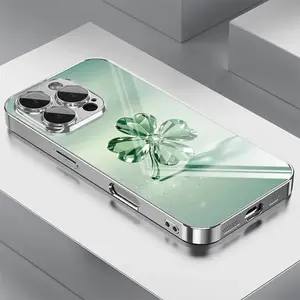 Simple and Stylish Green Crystal Four-Leaf Clover Design Electroplated Glass Phone Case,for iPhone 17 Pro Max Phone Case 17 Air 16E 16 Pro Max 15 Pro Max 15 Plus 14 Plus 13 12 11 Phone Cases