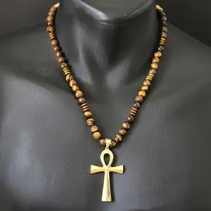 Adjustable Ankh Cross Necklace with Natural Black Onyx Gemstone, Long Macrame Design, Gift for Him, Her, & Mom
