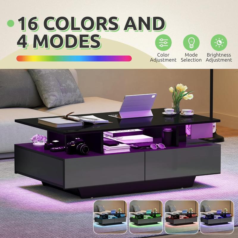 Yitahome LED Coffee Table with Storage, High Glossy LED Coffee Tables for Living Room, Small Center Table with Open Display Shelf&Sliding Drawers Yitahome LED Coffee Table with Storage, High Glossy LED Coffee Tables for Living Room, Small Center Table with Open Display Shelf&Sliding Drawers