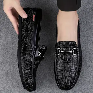 Men's Flat Slip-On Loafers, Solid Color Lightweight PU with Split Cow Leather Upper, All-Season Comfy Non-Slip Rubber Sole, Casual Dress Walking Shoes