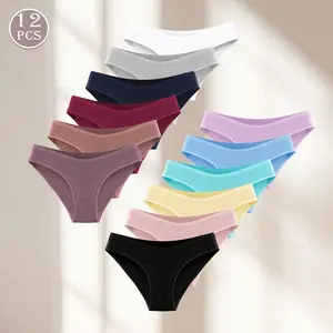 HOTCOM Premium Women's Cotton High Leg Ribbed Underwear Solid Color Soft, Breathable and Comfortable 12 Piece Mixed Low Waist Underwear Womenswear Lingerie Light Fits Panties Bridal Bra Everyday