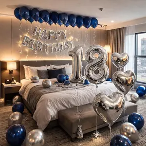 61PCS Silver & Blue Happy Birthday Balloon Set – 16” Foil Letter Balloons, Silver Heart Foil & Navy Blue Matte Latex Balloons for Birthday Party Decor